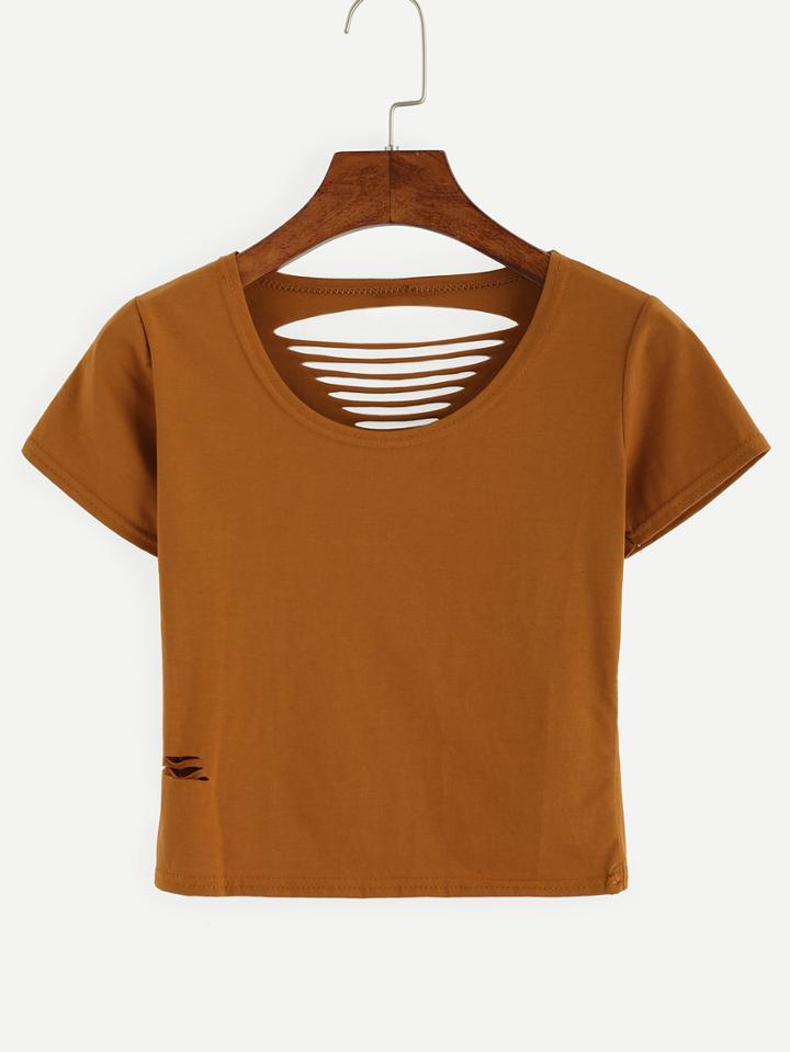 Romwe Brown Ripped Crop T-shirt