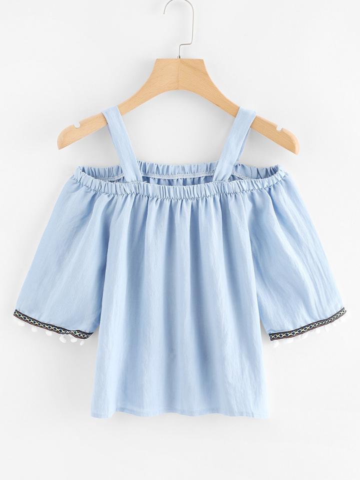 Romwe Open Shoulder Pom-pom Trim Top