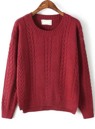 Romwe Cable Knit Split Red Sweater