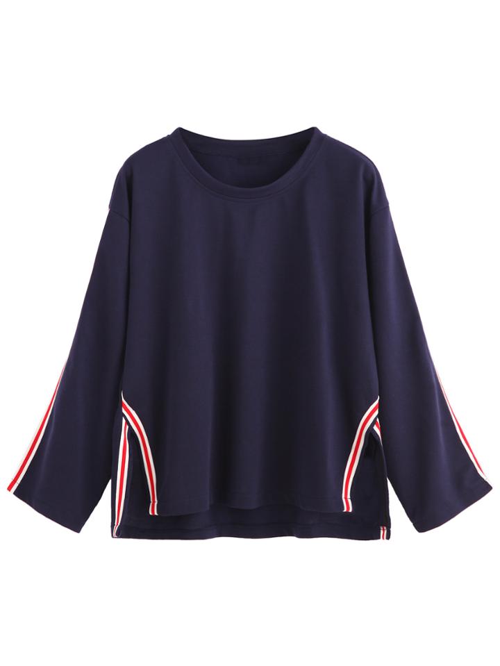 Romwe Navy Striped Trim Split T-shirt