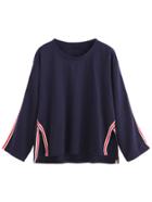 Romwe Navy Striped Trim Split T-shirt