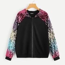 Romwe Colorful Sequin Raglan Sleeve Zip Up Hoodie