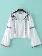 Romwe White Bell Sleeve V Neck Embroidery Tassel Blouse