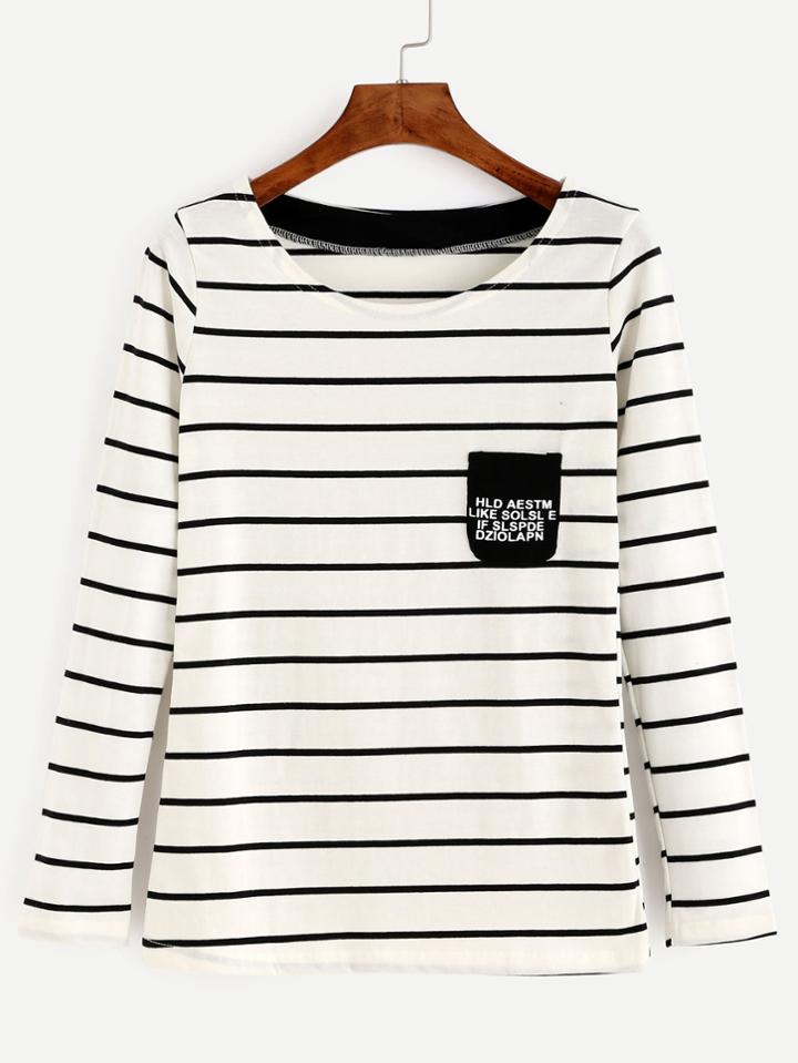 Romwe White Striped Patch Pocket T-shirt