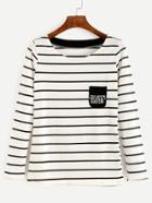 Romwe White Striped Patch Pocket T-shirt