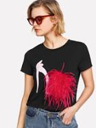 Romwe Feather Applique Printed Tee