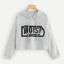Romwe Letter Print Drawstring Hooded Tee