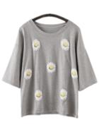 Romwe Dark Grey Half Sleeve Daisy Printed Casual T-shirt