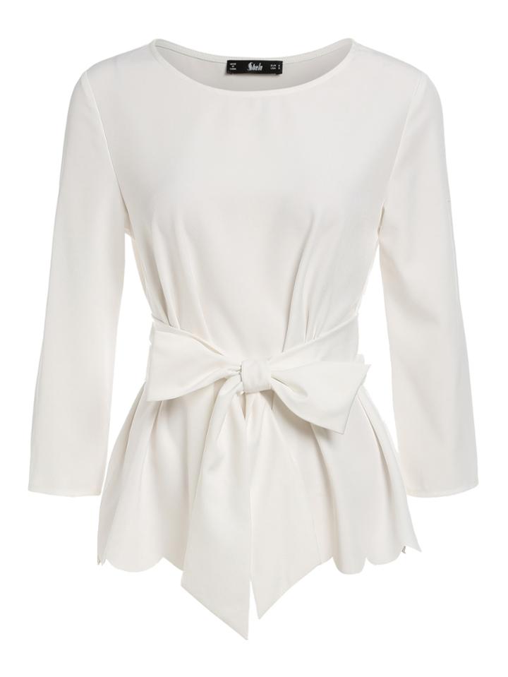 Romwe Sash Tie Waist Scallop Hem Top