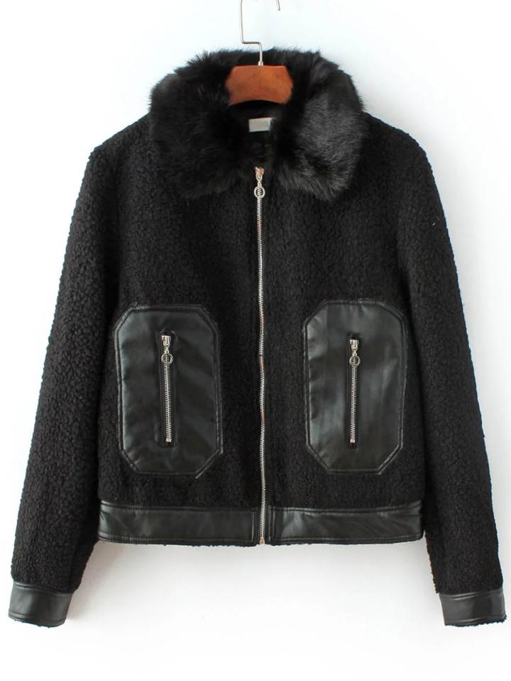 Romwe Black Zipper Up Faux Shearling Coat