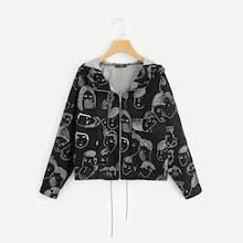 Romwe Figure Print Zip Up Hoodie Jacket