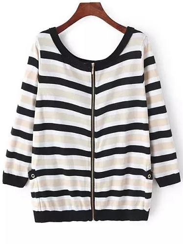 Romwe Black Apricot Long Sleeve Zipper Striped Sweater
