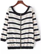 Romwe Black Apricot Long Sleeve Zipper Striped Sweater
