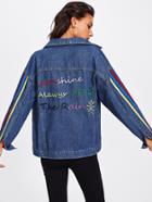 Romwe Tape Detail Embroidered Denim Jacket