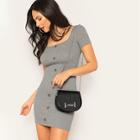 Romwe Button Front Square Neck Ribbed Bodycon Dress