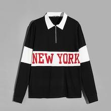 Romwe Guys Letter Print Two-tone Half Placket Polo Shirt