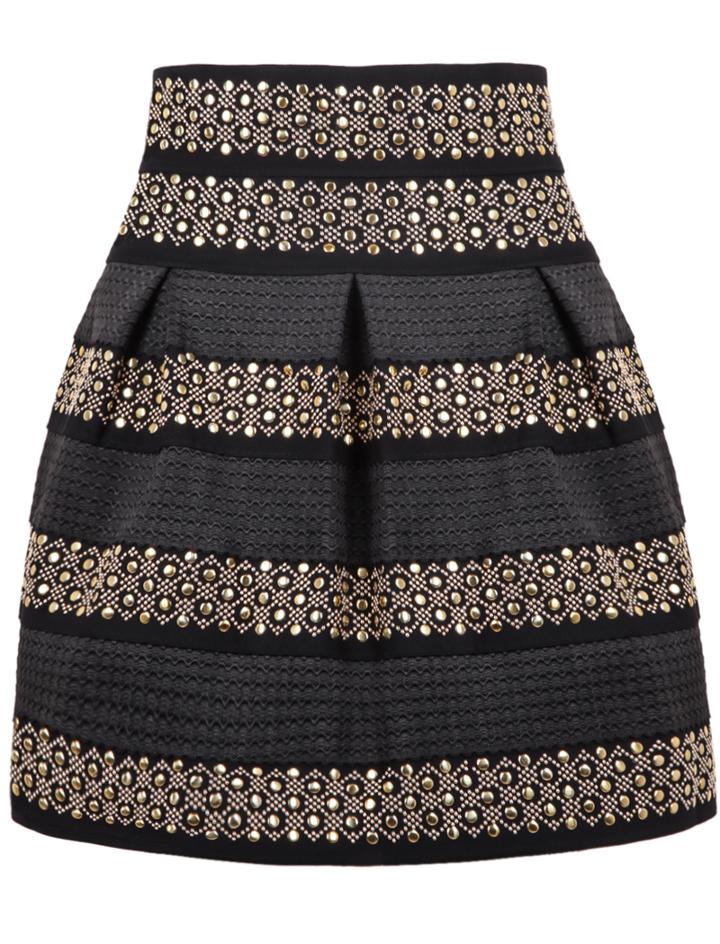 Romwe Black High Waist Rivet Studs Striped Skirt