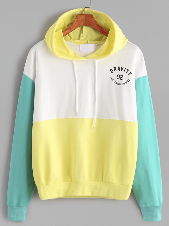 Romwe Color Block Letter Print Drop Shoulder Drawstring Hoodie