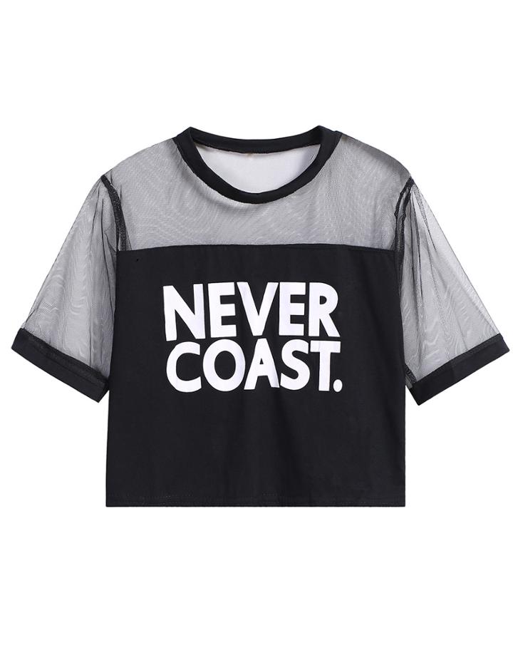 Romwe Letter Print Mesh Black T-shirt