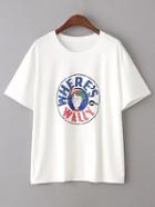 Romwe White Letter Print Round Neck T-shirt