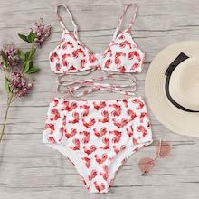 Romwe Random Cock Print Strappy Top With High Waist Bikini
