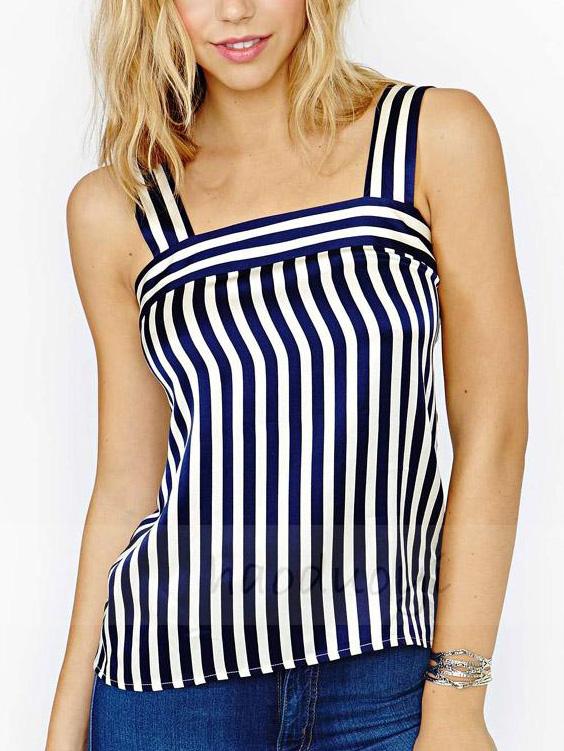 Romwe White Blue Striped Sleeveless Top
