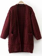 Romwe Burgundy Cable Knit Side Slit Sweater Coat With Pocket