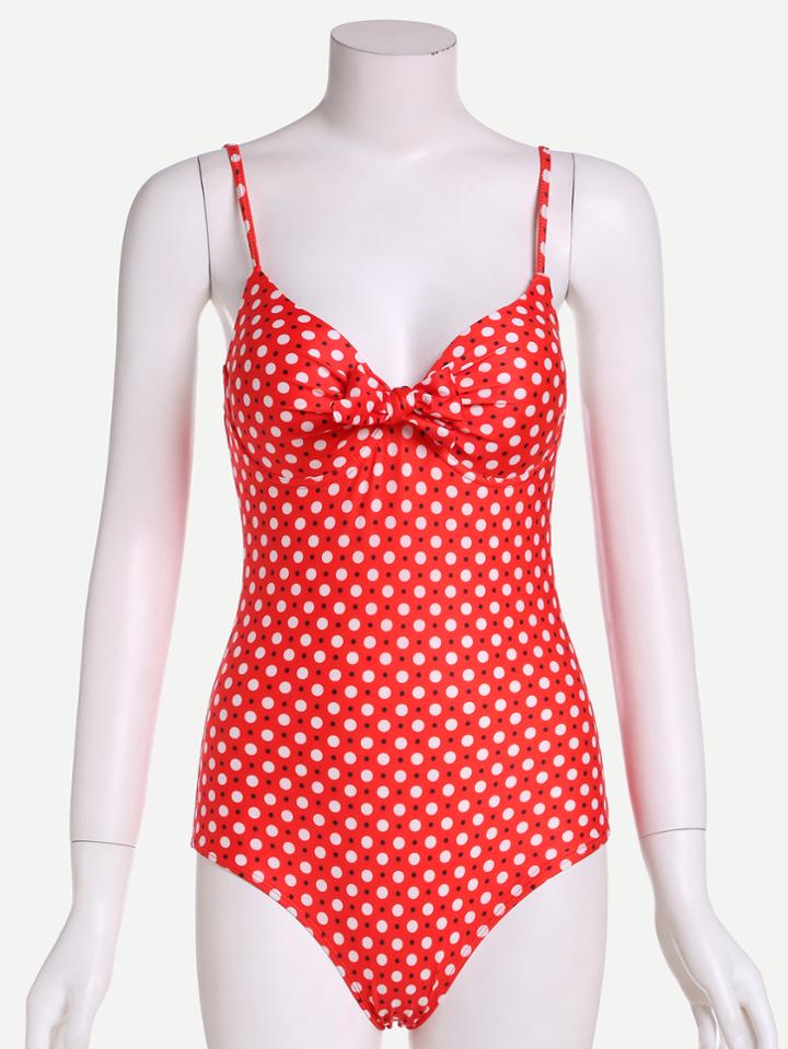 Romwe Red Polka Dot Print Bow Front Cutout One Piece Swimwear