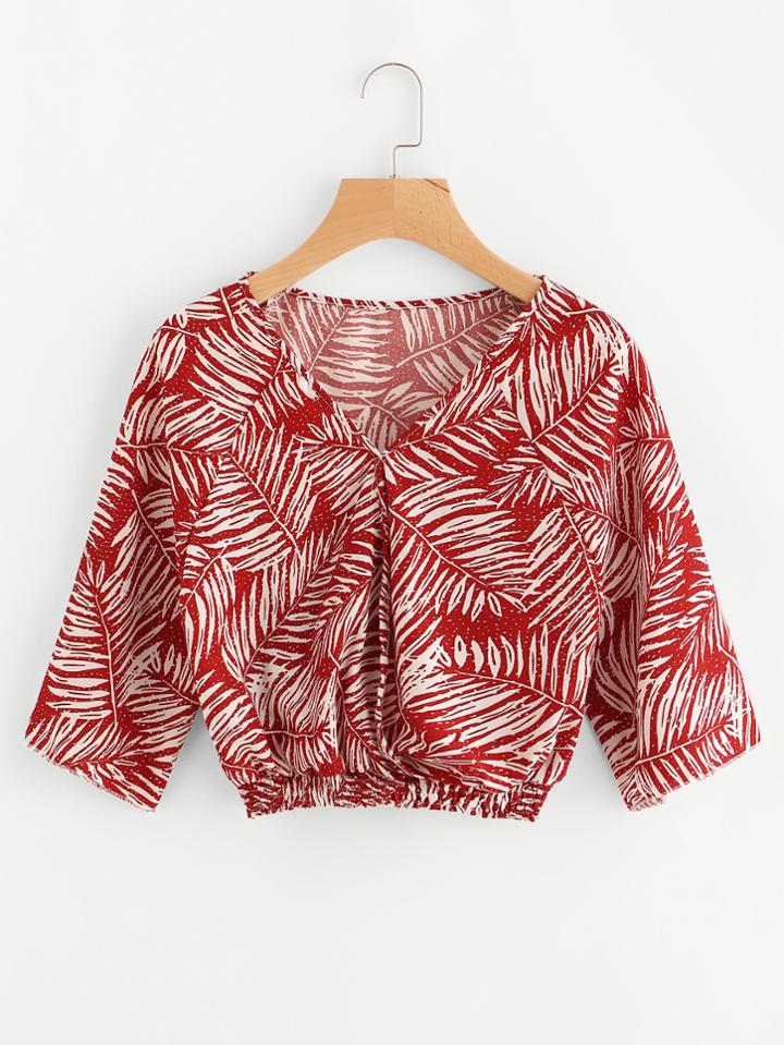 Romwe V Neckline Allover Printed Elastic Hem Blouse