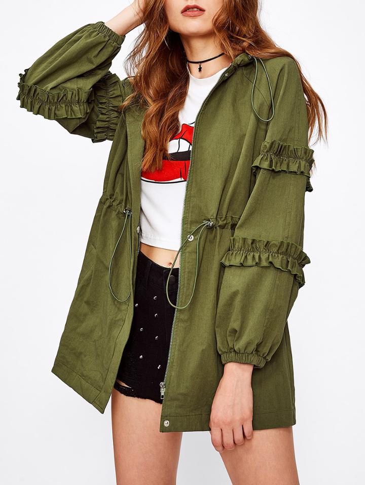 Romwe Frill Detail Lantern Sleeve Drawstring Hooded Jacket