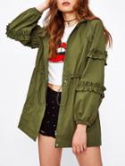 Romwe Frill Detail Lantern Sleeve Drawstring Hooded Jacket