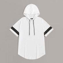 Romwe Guys Striped Sleeve Curved Hem Hooded Tee