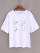 Romwe White Dropped Shoulder Seam Print T-shirt