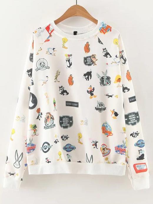 Romwe White Cartoon Print Raglan Sleeve Cute Sweatshirt