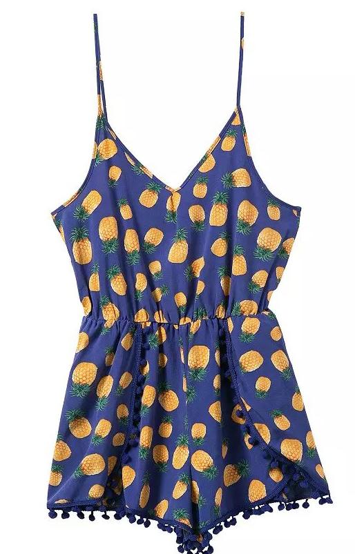 Romwe Spaghetti Strap Pineapple Fries Print Romper