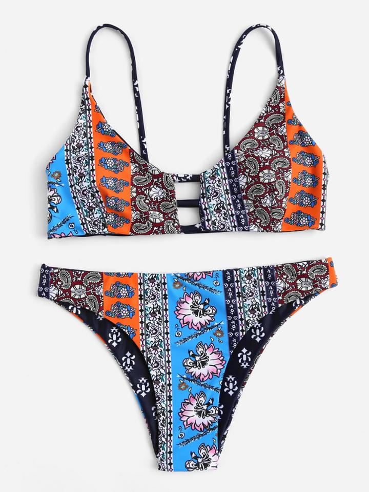 Romwe Retro Flower Print Caged Back Bikini Set