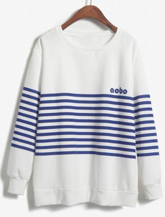Romwe Striped Loose White Sweatshirt