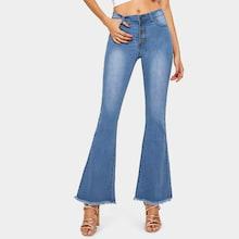 Romwe Button Waist Raw Hem Flare Leg Jeans