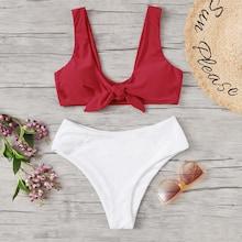 Romwe Two Tone Tie Front Scoop Neck Bikini Set