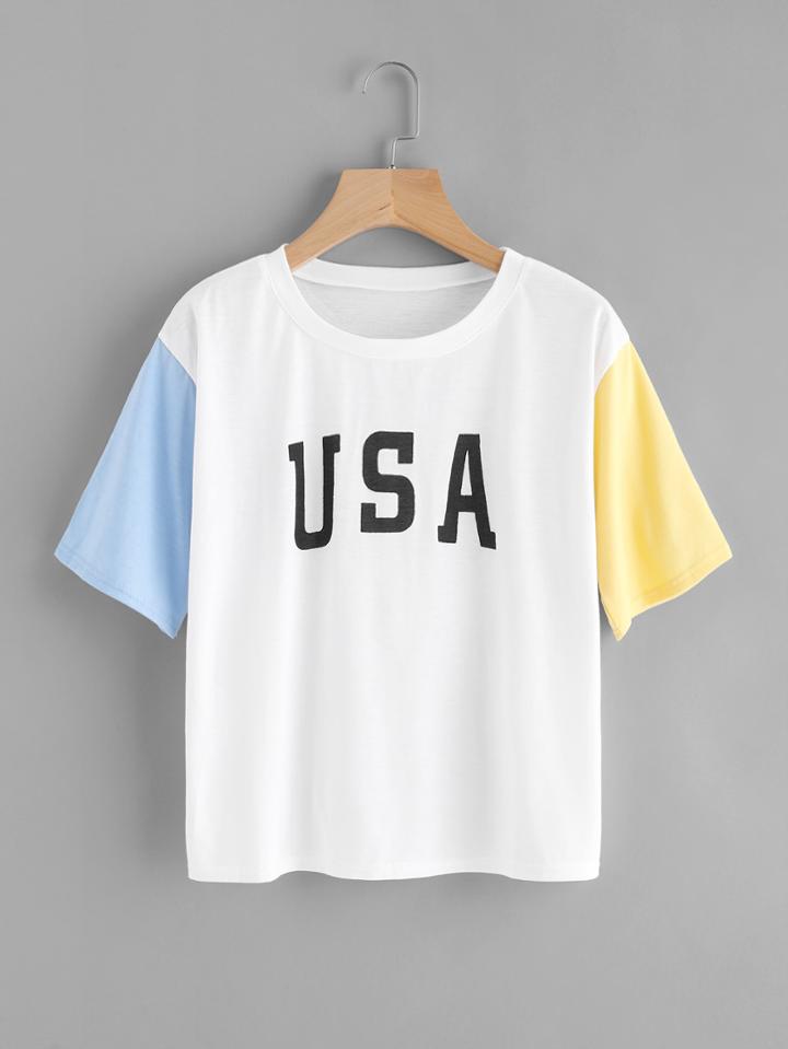 Romwe Contrast Sleeve Letter Print Tee
