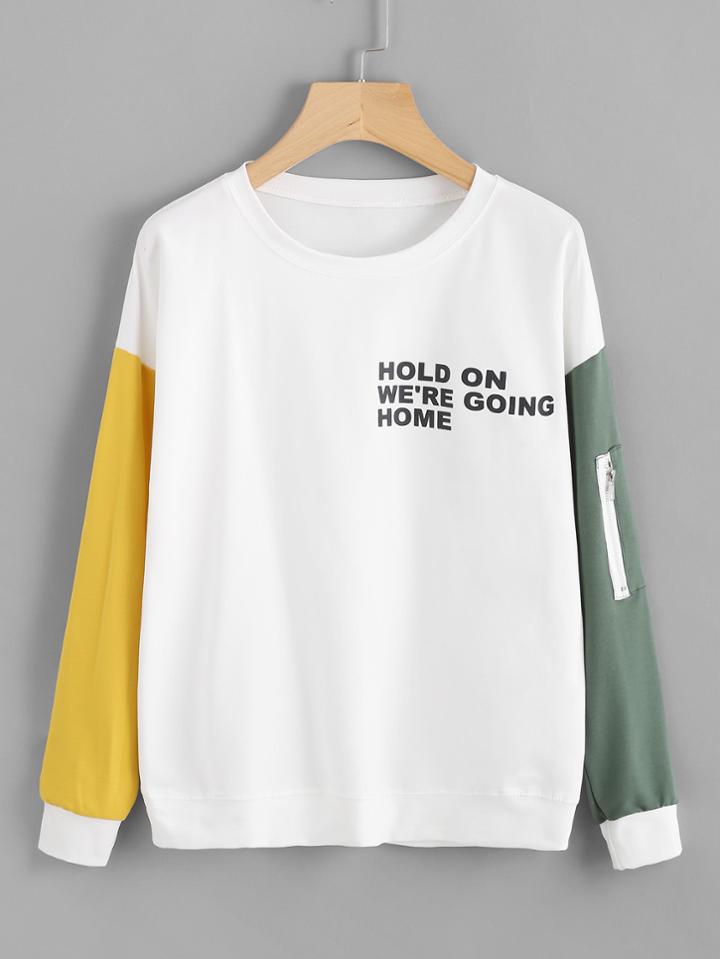 Romwe Drop Shoulder Letter Print Contrast Sleeve Sweatshirt