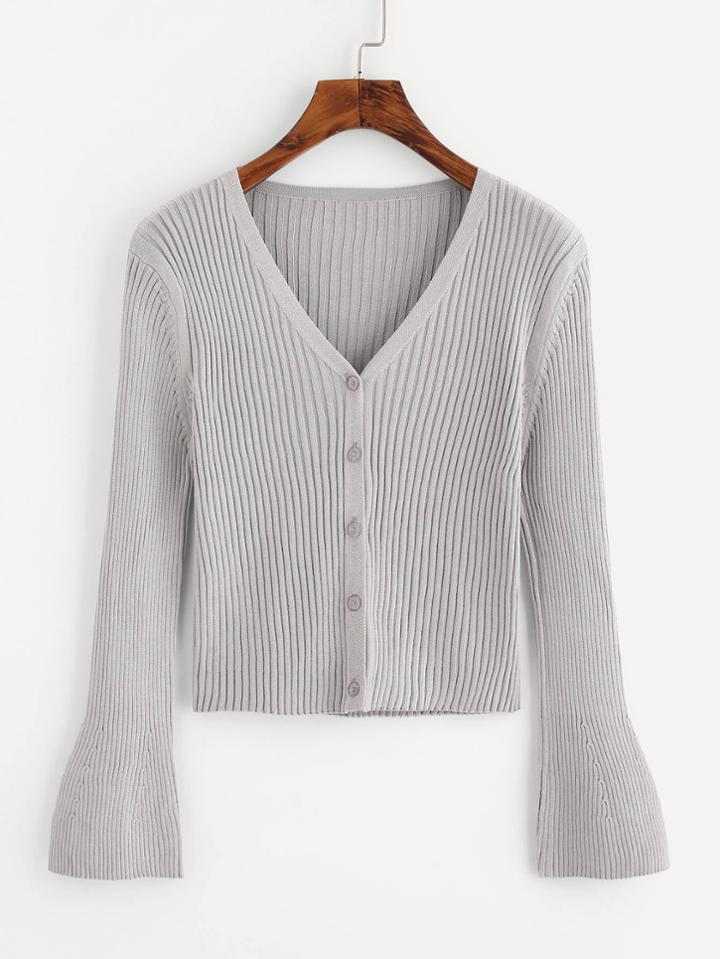 Romwe Bell Sleeve Single Breasted Ribbed Cardigan