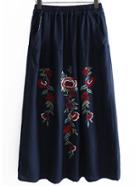 Romwe Flower Embroidered Elastic Waist Skirt - Blue