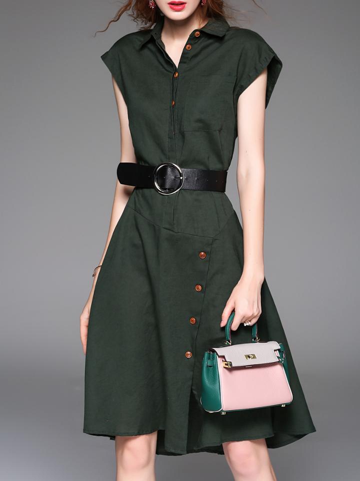 Romwe Green V Neck Belted A-line Dress