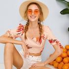 Romwe Plants Print Knot Cuff Shirred Crop Blouse