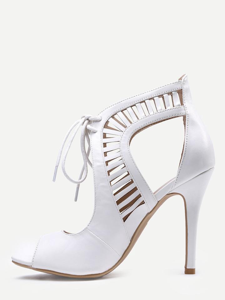 Romwe White Laser Cut Lace-up Peep Toe Heels