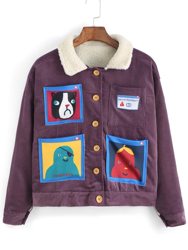 Romwe Lapel Cartoon Print Pockets Buttons Purple Coat