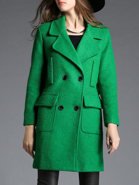Romwe Lapel Pockets Buttons Long Green Coat