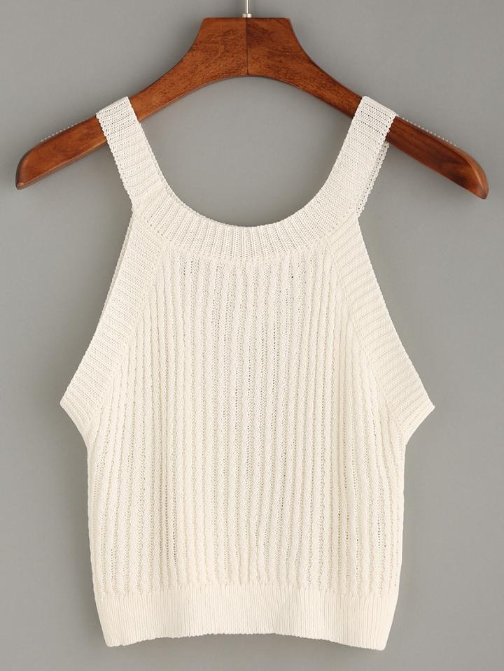 Romwe White Halter Neck Ribbed Knit Top