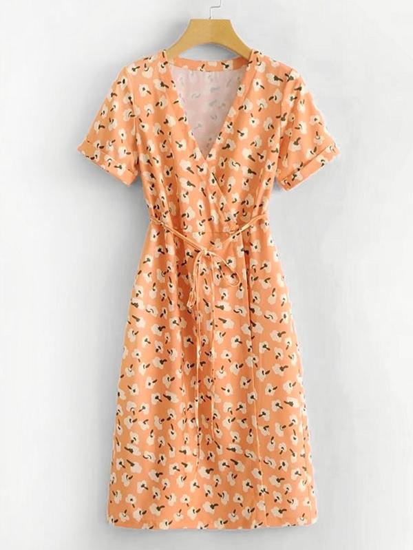 Romwe Floral Print Self Tie Surplice Dress